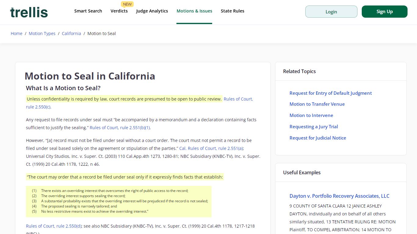 Pre-trial | Motion to Seal for California State Superior Court