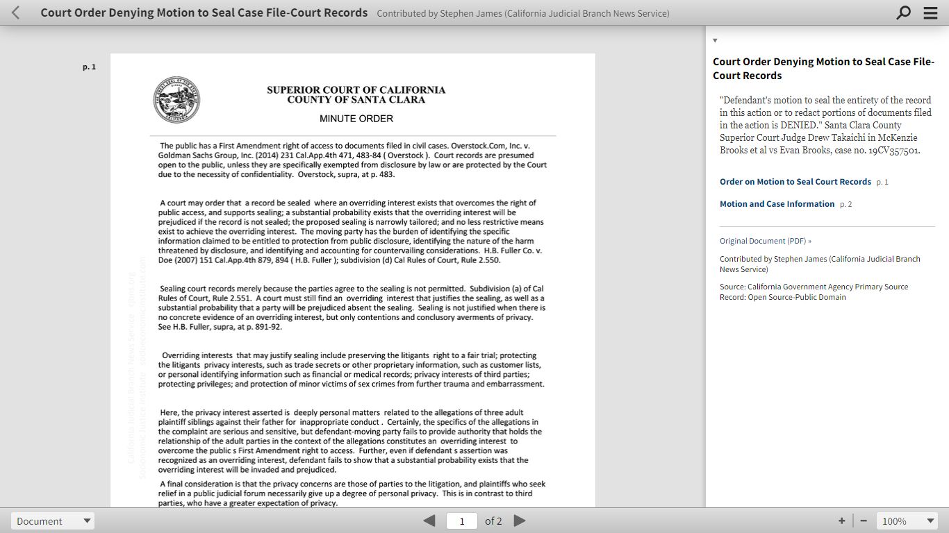 Court Order Denying Motion to Seal Case File-Court Records