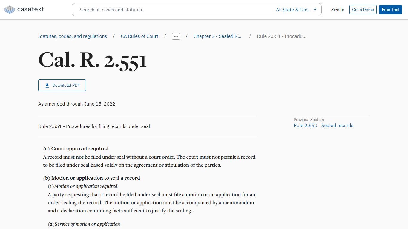 Rule 2.551 - Procedures for filing records under seal, Cal. R. 2.551 ...